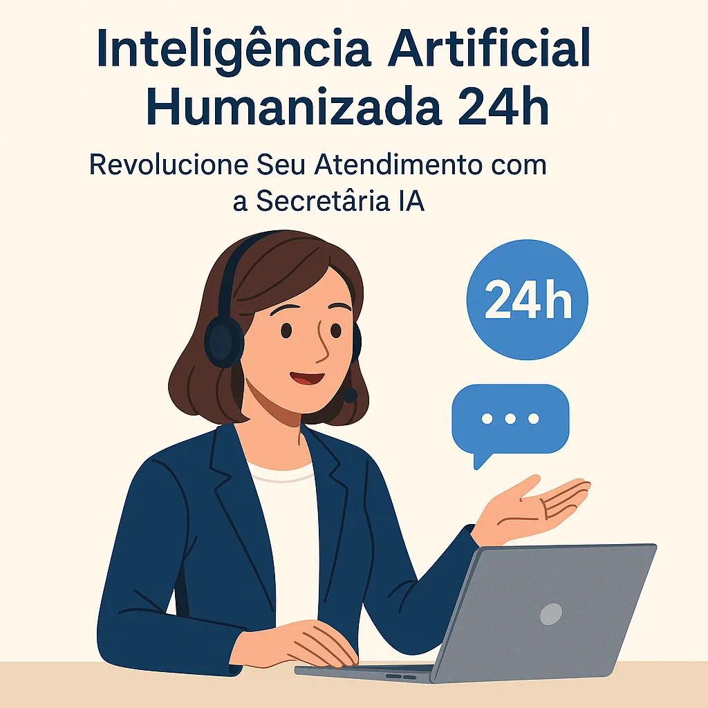 Mulher representando uma IA humanizada atendendo clientes 24h com um laptop e fone de ouvido