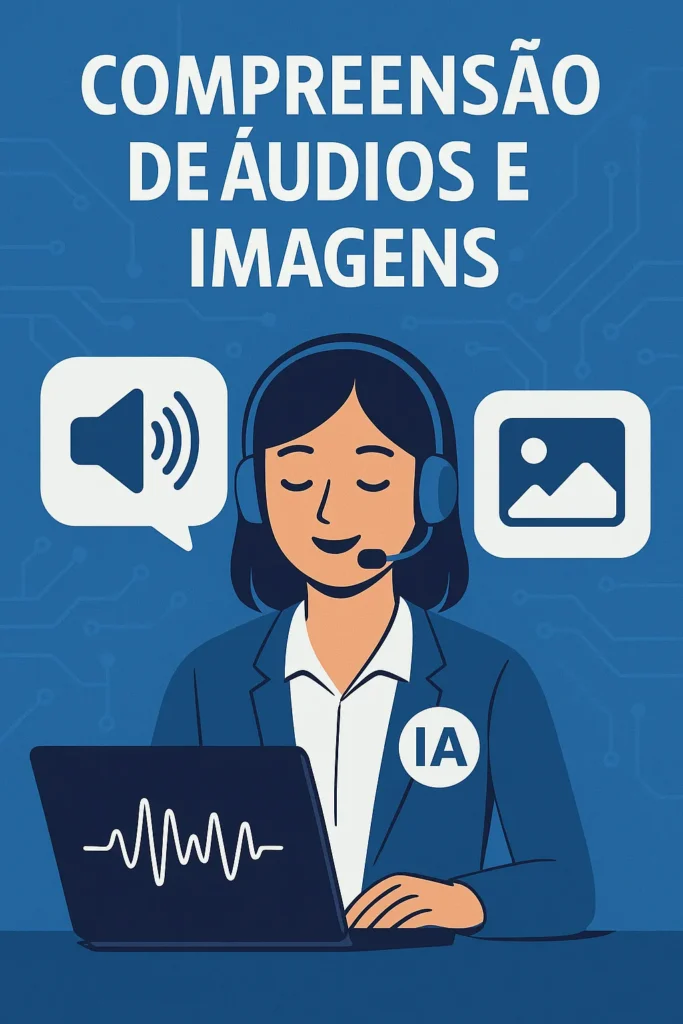 Ilustração de uma assistente virtual com fone de ouvido, interpretando áudio e imagens em um laptop