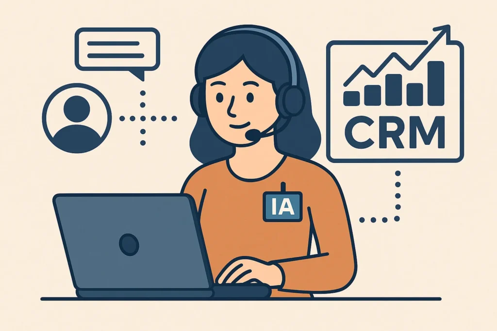 Ilustração de uma assistente virtual IA com headset interagindo com um sistema de CRM em um laptop