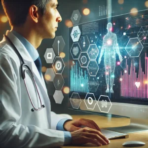 Médico analisando dados digitais e inteligência artificial para otimizar o atendimento e a gestão na área da saúde.