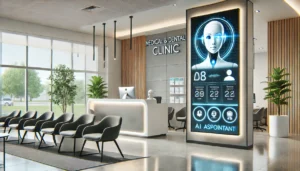 Secretária Virtual de IA gerenciando atendimentos em uma clínica médica e odontológica, exibindo uma interface digital de agendamentos e interação com pacientes via chatbot