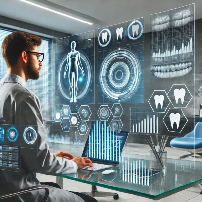 Profissional de marketing analisando gráficos digitais de tendências médicas para 2025, com destaque para inteligência artificial e automação em clínicas