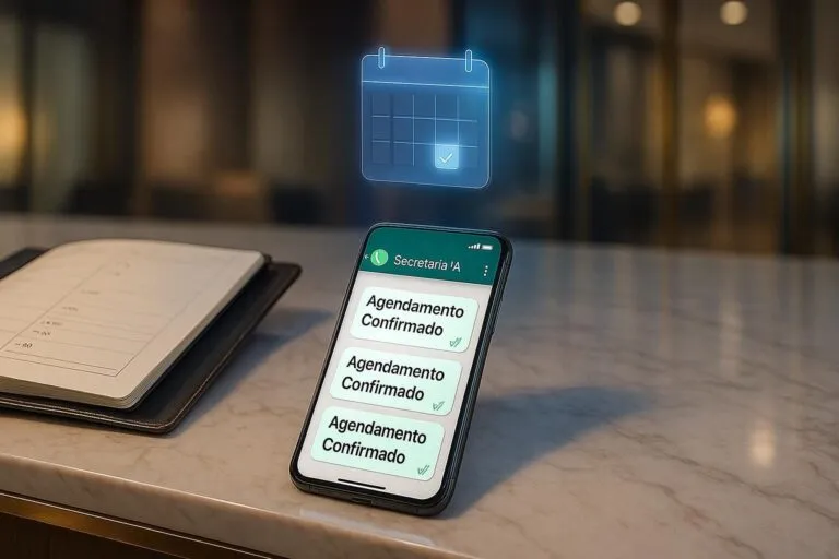 Celular exibindo conversa no WhatsApp com a Secretária IA mostrando “Agendamento Confirmado”, simbolizando automação de confirmações e redução de no-show em clínicas.