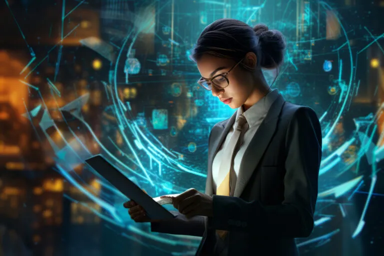 Gestora analisa um tablet diante de interface futurista de dados, ilustrando o uso de IA e automação para a secretária odontológica: agendamento pelo WhatsApp, confirmação e redução de no-show em clínicas.