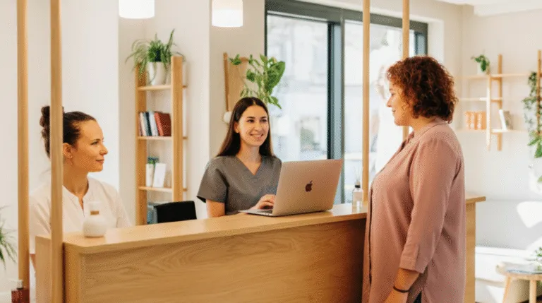 Recepcionistas acolhem paciente em recepção de clínica moderna, com laptop e plantas, ilustrando atendimento humanizado e digital integrado a WhatsApp e IA para clínicas de saúde.