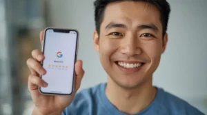Paciente feliz mostrando uma avaliação de 5 estrelas no Google Meu Negócio em seu celular, um processo automatizado pela Secretária IA da clínica odontológica.