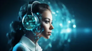 Mulher com headset futurista simbolizando um agente de IA no WhatsApp para médicos e dentistas, focado em lembretes, reagendamento e orientação ao paciente.