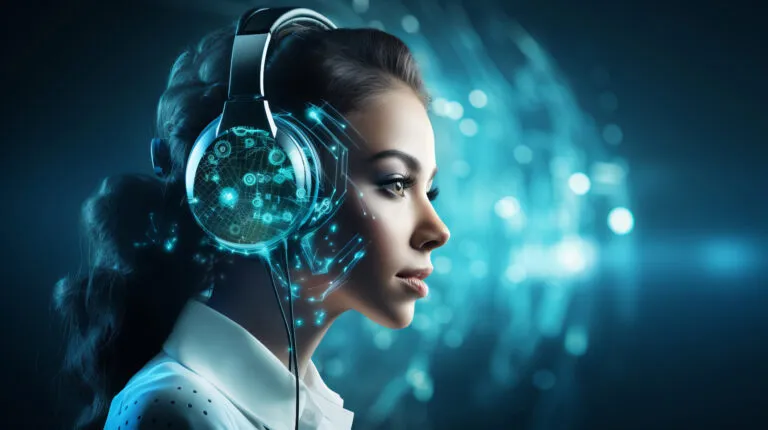 Mulher com headset futurista simbolizando um agente de IA no WhatsApp para médicos e dentistas, focado em lembretes, reagendamento e orientação ao paciente.