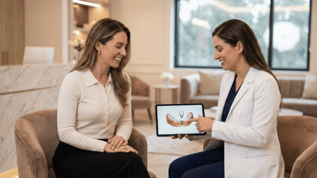 Tablet exibindo plano de tratamento de implante dentário em clínica de luxo, ilustrando venda de alto ticket.