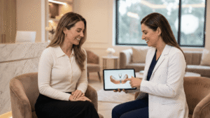 Tablet exibindo plano de tratamento de implante dentário em clínica de luxo, ilustrando venda de alto ticket.