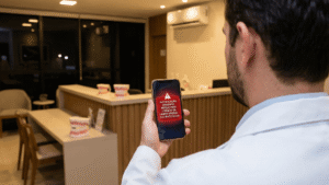 Sistema de IA alertando dentista sobre mensagem de urgência de paciente no celular.