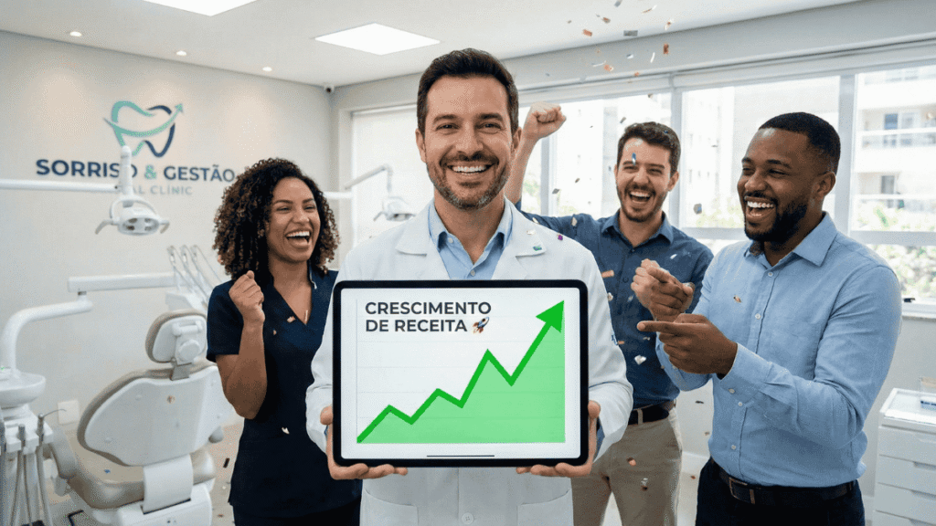 Equipe odontológica celebrando aumento de lucros exibido em tablet com gráfico de crescimento.