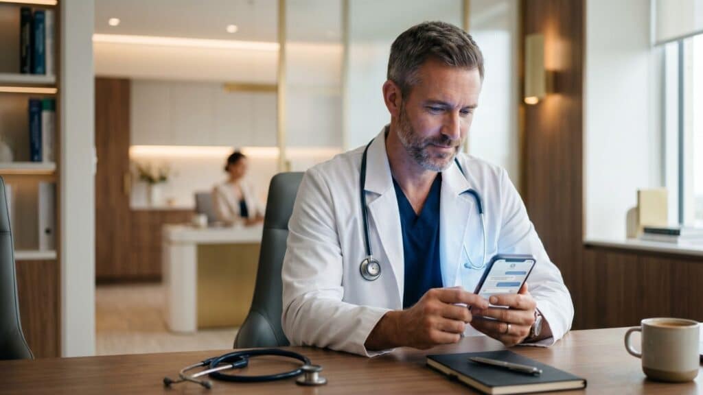 Médico analisando atendimento automatizado por IA no WhatsApp da clínica