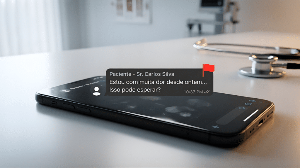 Smartphone com notificação de WhatsApp exibindo mensagem urgente de paciente em ambiente clínico