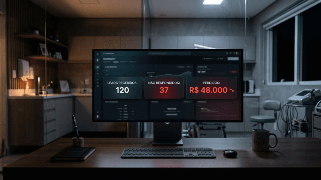 Dashboard de gestão de leads em clínica médica mostrando pacientes perdidos e faturamento não convertido