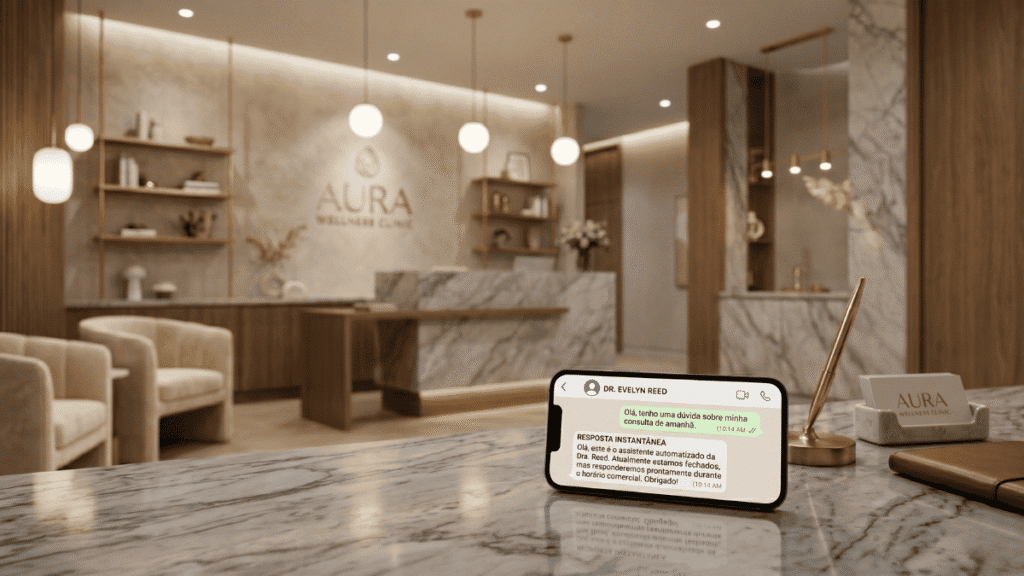 Smartphone com resposta imediata no WhatsApp em recepção de clínica premium
