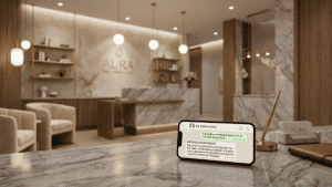 Smartphone com resposta imediata no WhatsApp em recepção de clínica premium