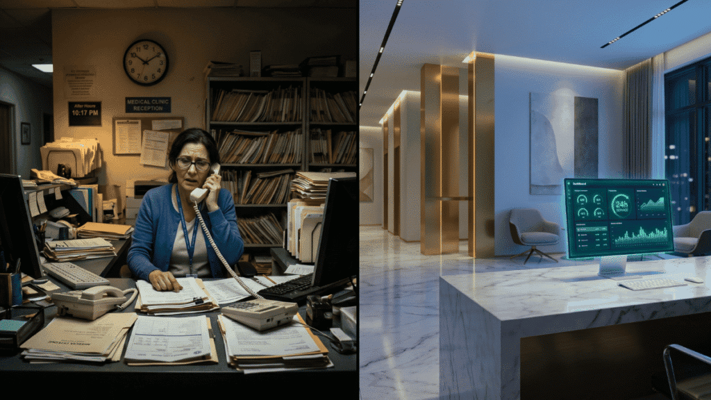 Contraste entre recepção de clínica tradicional sobrecarregada e clínica moderna automatizada com sistema de gestão