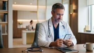 Médico analisando atendimento automatizado por IA no WhatsApp da clínica
